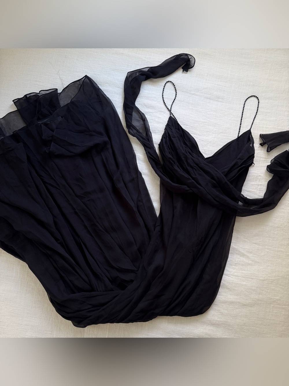 Laundry by Shelli Segal 100% Silk Black Beaded Chiffon Wrap Maxi Dress 90s y2k
